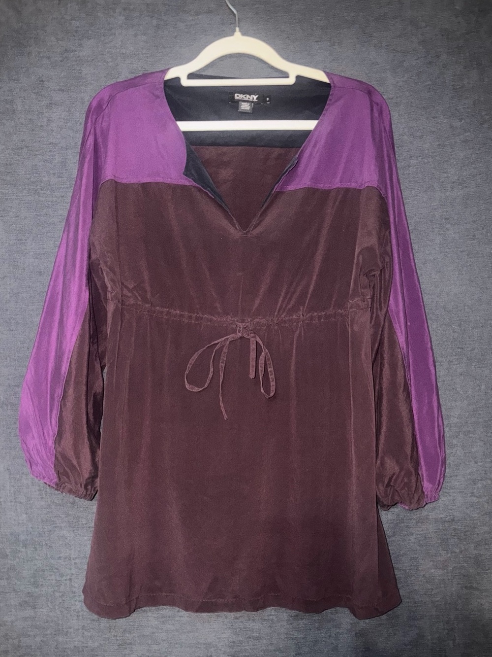DKNY Two-Tone Purple and Brown V-Neck Drawstring Tunic